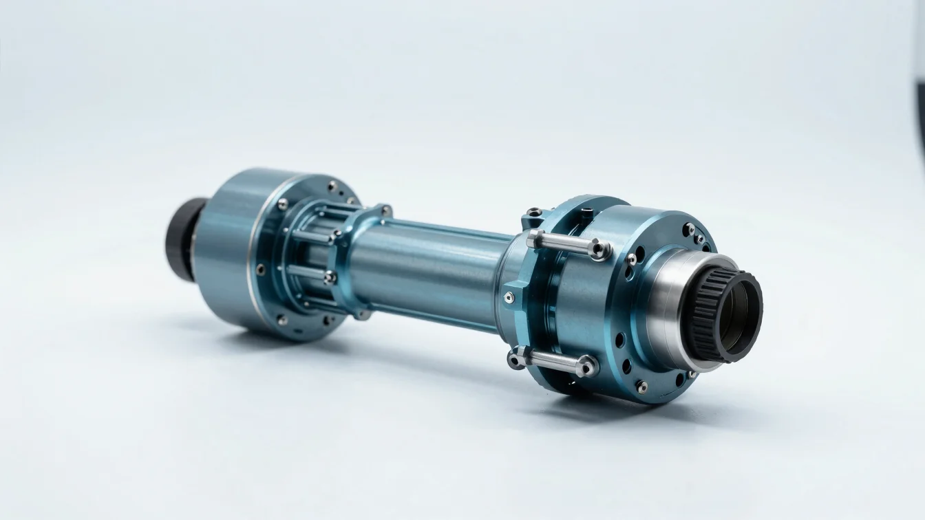 Clean studio lighting on an isolated electric vehicle drivetrain component resting on a pristine workshop surface.