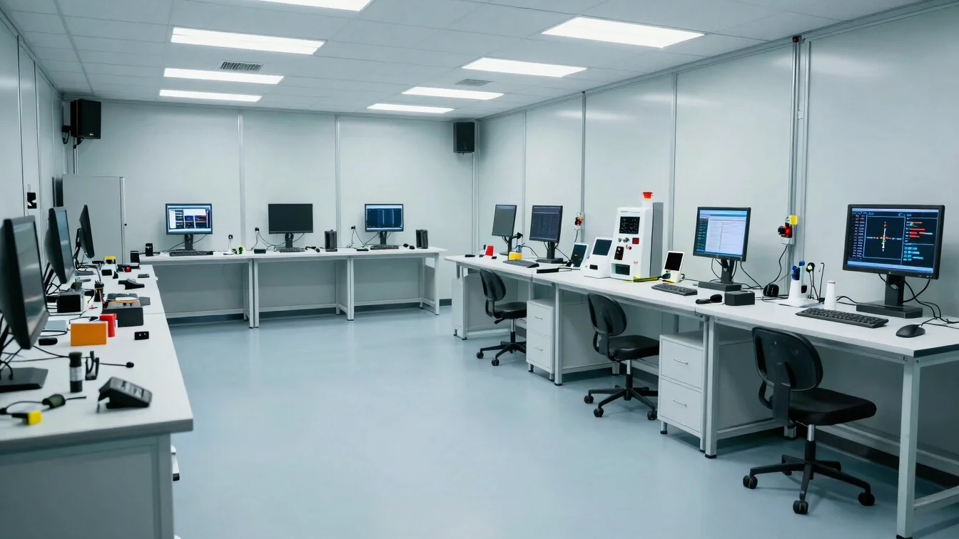 Wide environmental shot of a clean high-voltage diagnostic bay with cool ambient LED accents and precision tools.